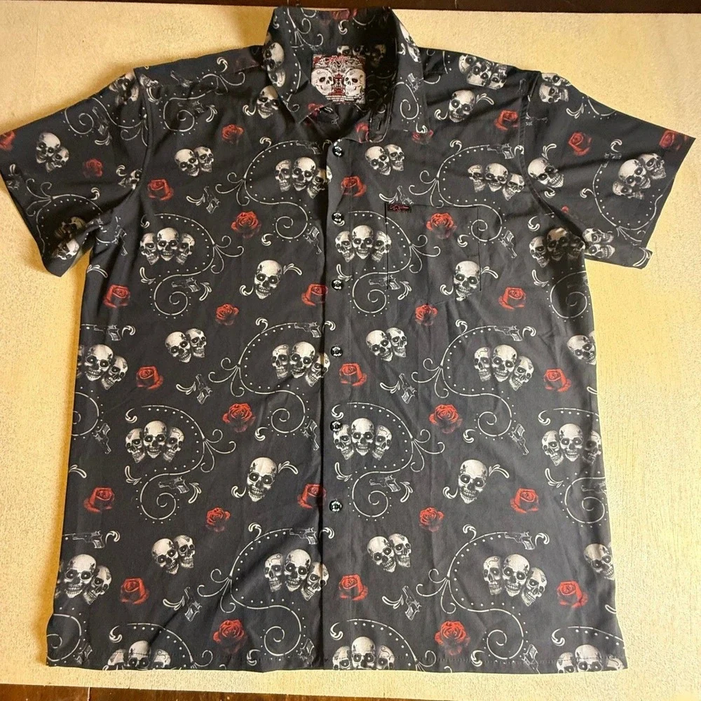Retro Rifle Skull Rose Graphic Short Sleeve Button Up Shirt 2XL-974 - Picture 1 of 8